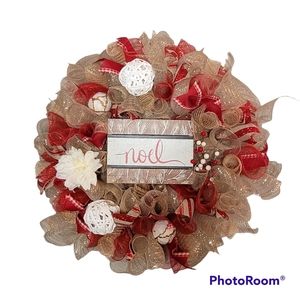 Handmade Noel Wreath,  Red and White Accents